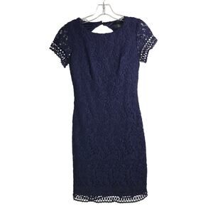 Laundry By Shelli Segal Lace Dress Wns Sz 2 Navy Blue Key Hole Back Short Sleeve